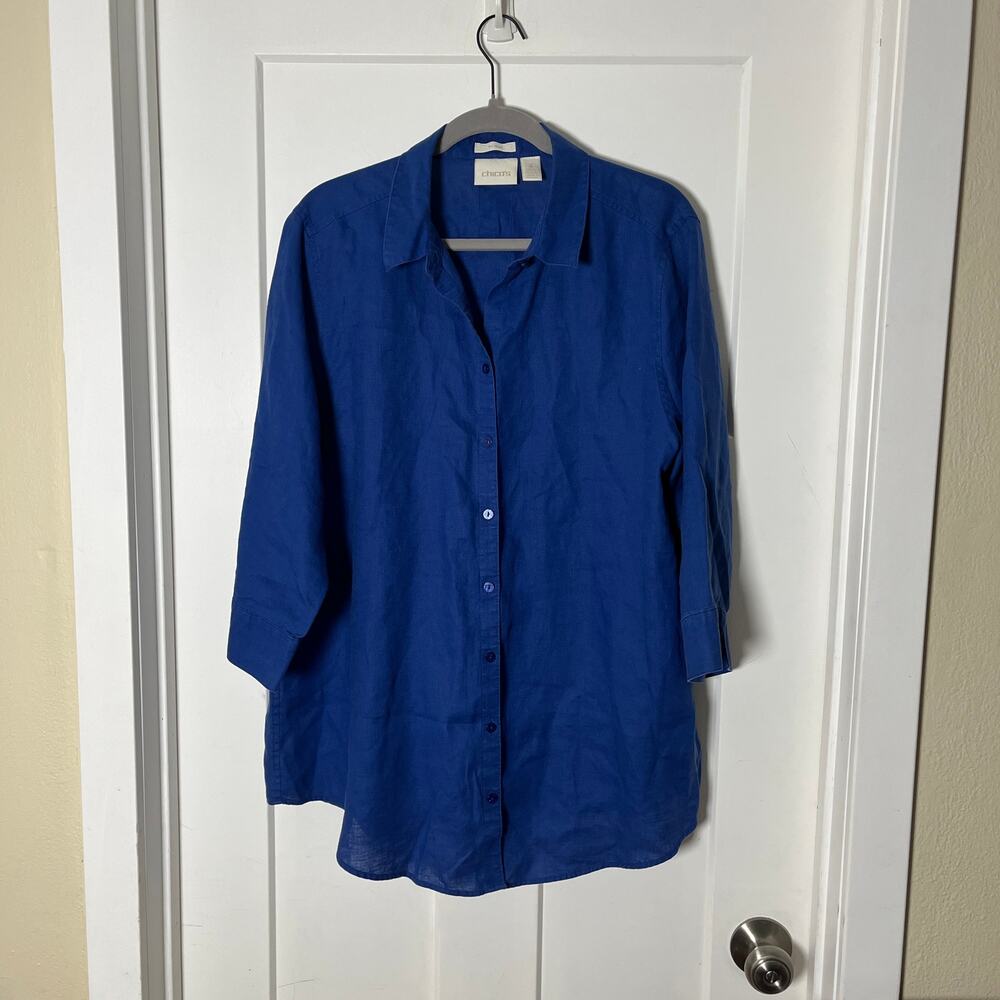 Chicos Linen Button Down Royal Blue XL Coastal Grandma